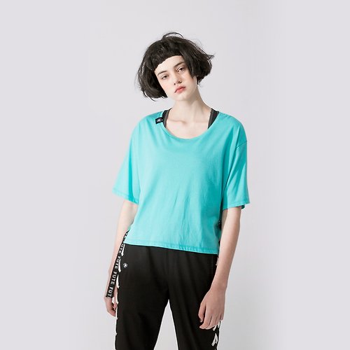FUTE 【女款】 側綁帶裝飾圓領t-shirt / 藍綠