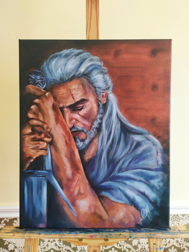 Oil painting. Geralt of Rivia. The Witcher. Fantasy. Fan art. Dark fantasy - Posters - Cotton & Hemp Gold