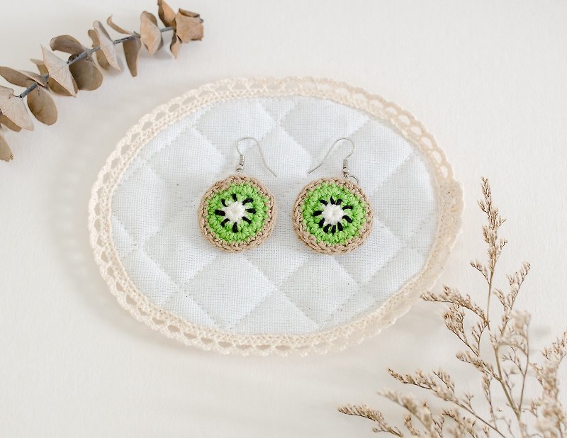 Earrings crochet fruit | The Kiwi - Earrings & Clip-ons - Cotton & Hemp Green