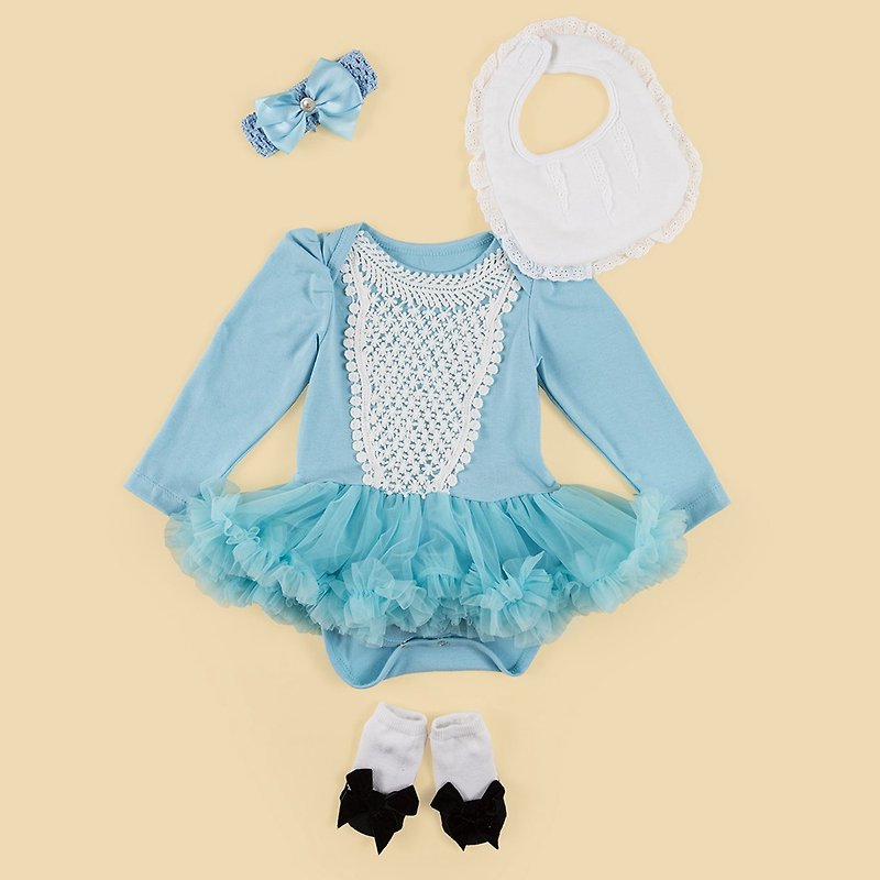 女嬰雪紡蓬蓬裙連身衣禮盒–冰雪女王(衣+圍兜+寶寶襪) - 滿月禮物 - 棉．麻 藍色