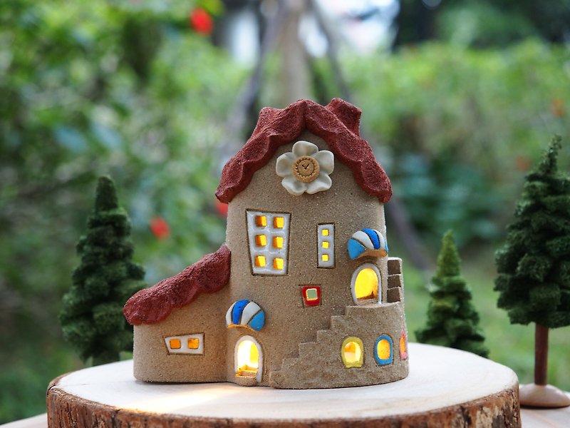 [Lighted House] Pottery Handmade-Garden House (excluding wood accessories and handmade trees) - Lighting - Pottery Red