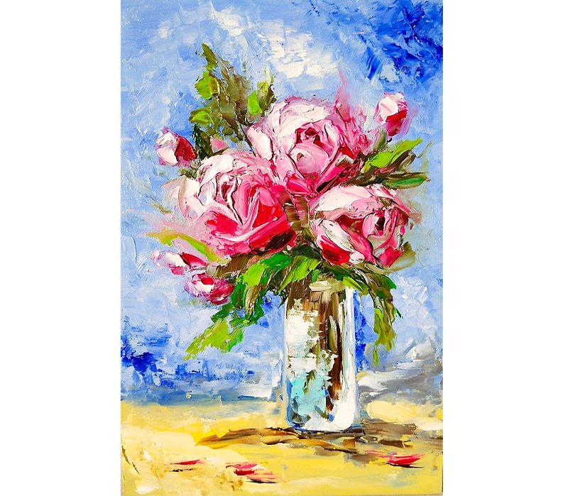 Roses Painting Flowers Original Artwork Oil Painting 30x20 cm/ 12x8 inch - 海報/掛畫/掛布 - 棉．麻 多色