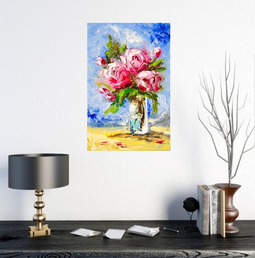 油絵　ばら バラの絵花オリジナルアートワーク油絵30x20cm/12x8インチ