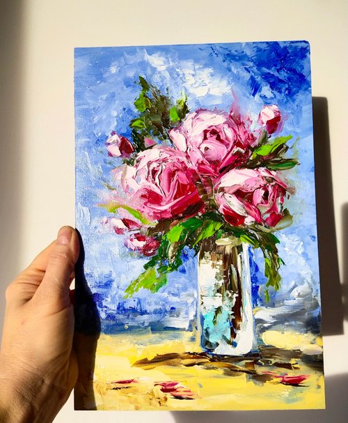 バラの絵花オリジナルアートワーク油絵30x20cm/12x8インチ