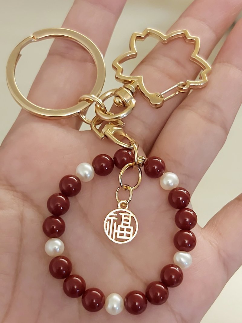 Cinnabar White Beads Sakura Keychain - ที่ห้อยกุญแจ - คริสตัล 