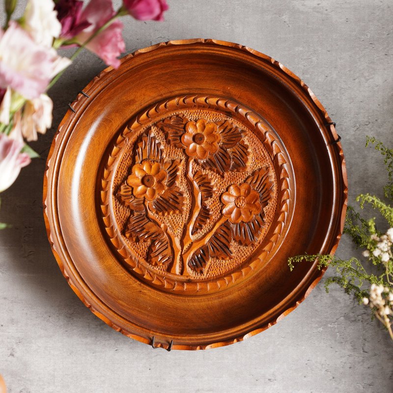 荷蘭手工雕刻 '花朵'木掛盤/展示盤/老物 - 壁貼/牆壁裝飾 - 木頭 咖啡色