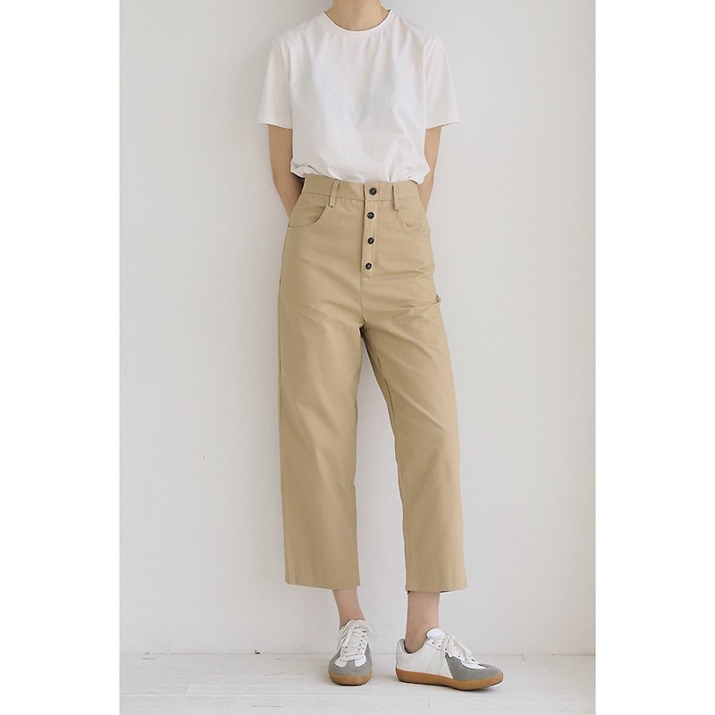 Stiff and cool | Khaki handsome four-button high-waisted straight nine-point trousers washed brushed cotton - กางเกงขายาว - ผ้าฝ้าย/ผ้าลินิน สีกากี