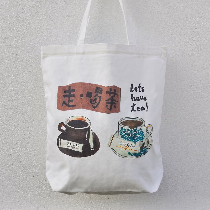 Lets Have Tea Cotton Canvas Recycle Illustration Totebag - กระเป๋าถือ - ผ้าฝ้าย/ผ้าลินิน 