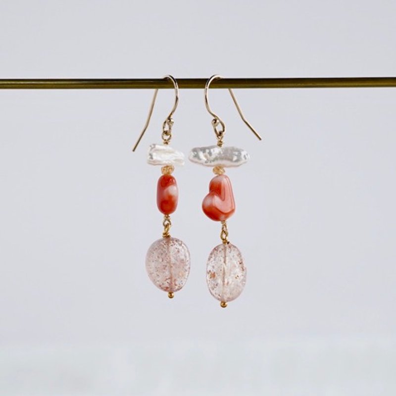 Sunstone & coral earrings [OP805] - 耳環/耳夾/耳骨夾 - 寶石 