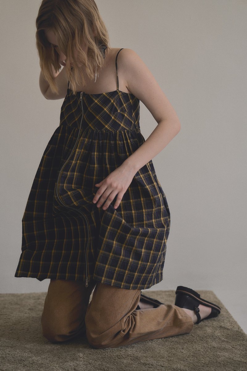 navy yellow plaid zipper dress 藍黃經典格紋雙頭拉鍊洋裝 - 洋裝/連身裙 - 棉．麻 多色