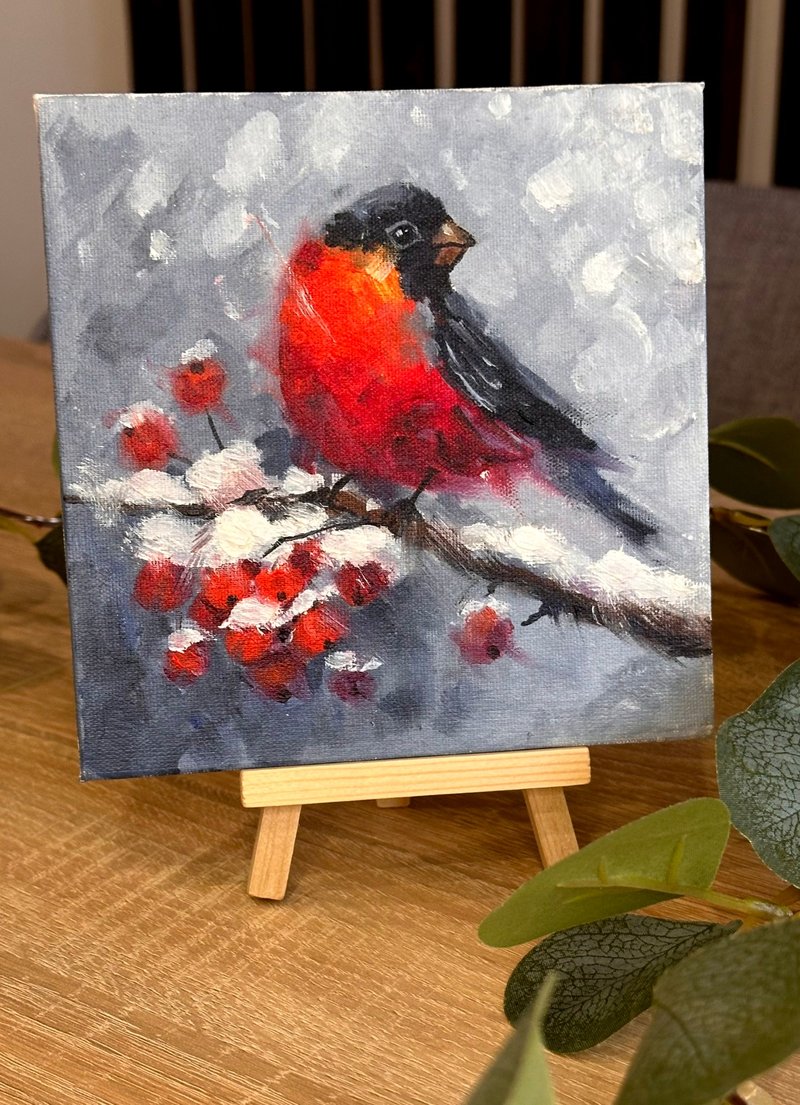 Bullfinch on a Branch with Red Berries Oil Painting - Wall Décor - Other Materials 
