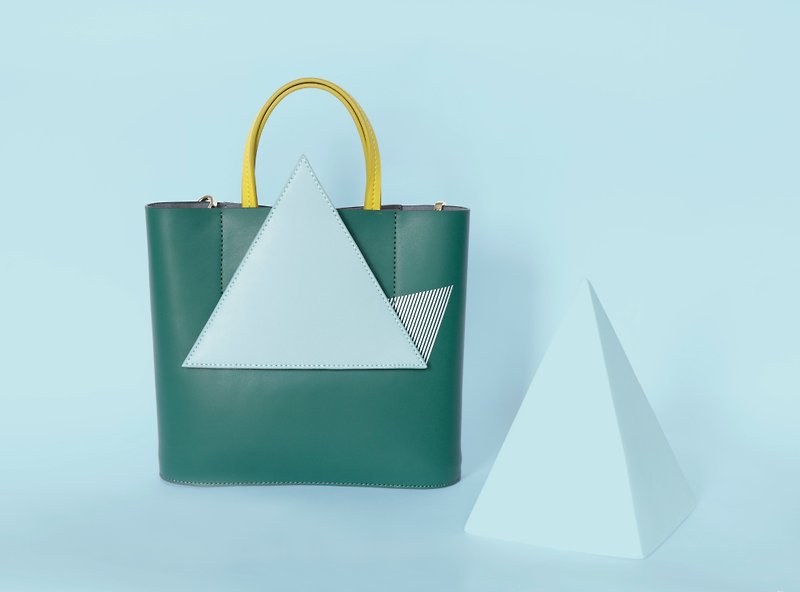 原創設計幾何與影北歐風性冷淡風藍綠莫蘭迪色撞色三角形牛皮真皮手工手拎斜挎兩用背包挎包 - 側背包/斜孭袋 - 真皮 藍色