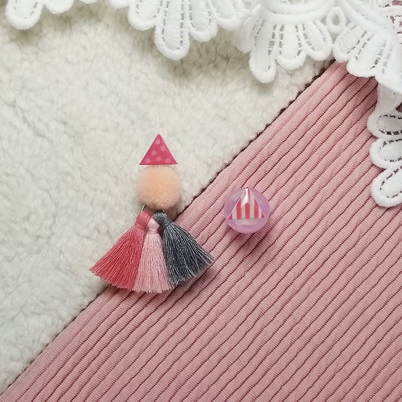 小三角形加流鬚 (粉紅色) - 耳環/耳夾 - 純銀 粉紅色
