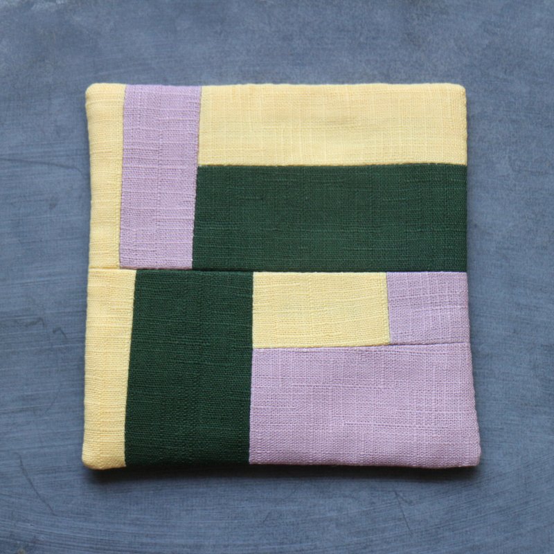 Patchwork coaster 114 yellow green pink - ที่รองแก้ว - ผ้าฝ้าย/ผ้าลินิน หลากหลายสี