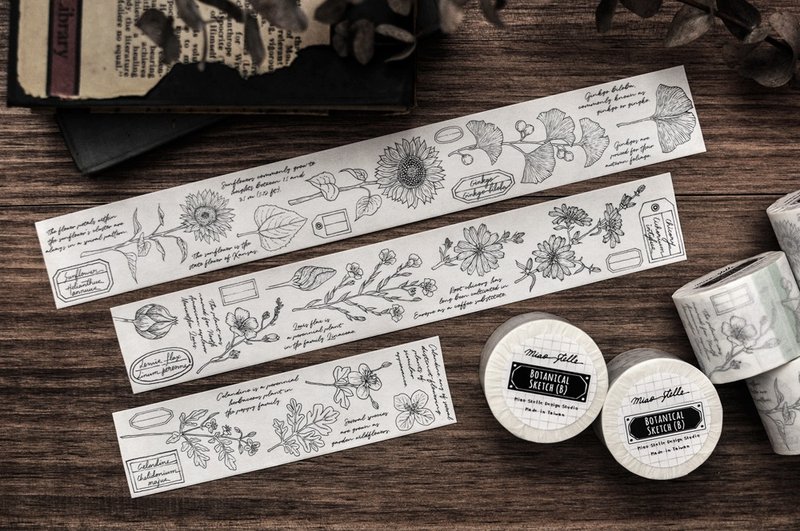 Botanical Sketch Washi Tape (Black) - 4cm - มาสกิ้งเทป - กระดาษ สีดำ