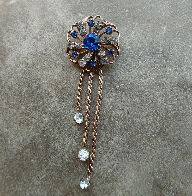 古董深藍萊茵石花朵兩用胸針/鍊墜 - 胸針 - 其他金屬 藍色