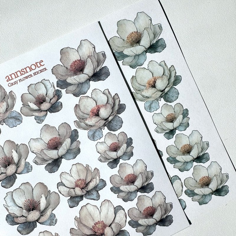 Gray Flower Sticker 2 Colors MIX (anns note) vintage - 貼紙 - 紙 灰色