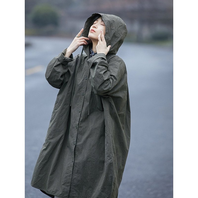 復古拓葉灰色高密純棉布中長款寬松連帽大襯衫 - 女上衣/長袖上衣 - 棉．麻 