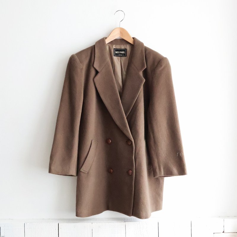 冬復古剪裁日本製寬鬆深卡其西裝羊毛古著大衣外套 - 女大衣/外套 - 羊毛 咖啡色