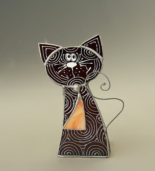 NeA Glass Stained Glass Cat Candleholder Hand-painted