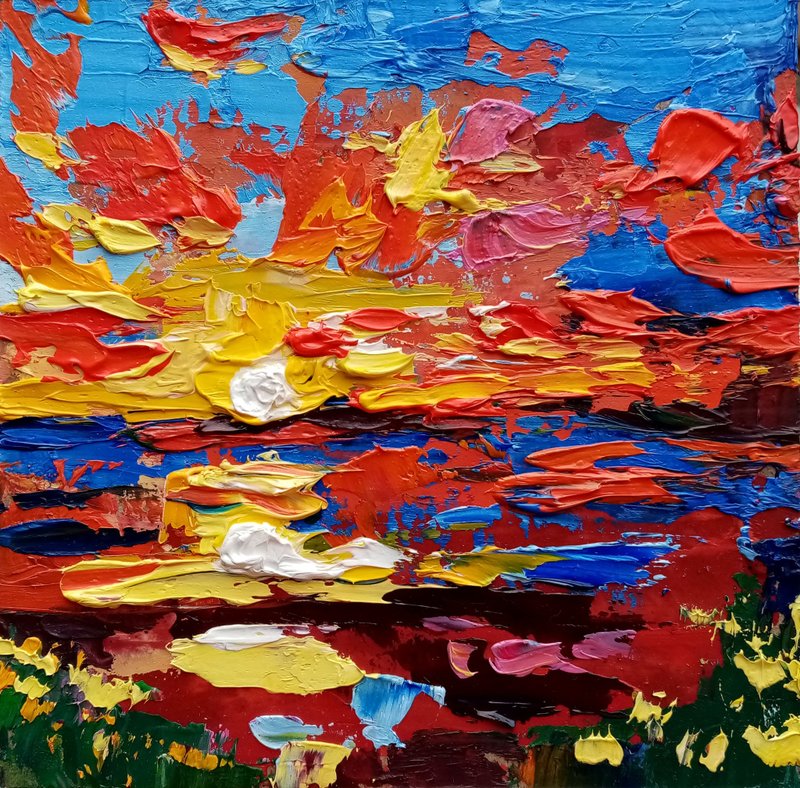 Seascape Painting Sunset Original Art Small Oil Painting 4 by 4 inches - 海報/掛畫/掛布 - 其他材質 多色