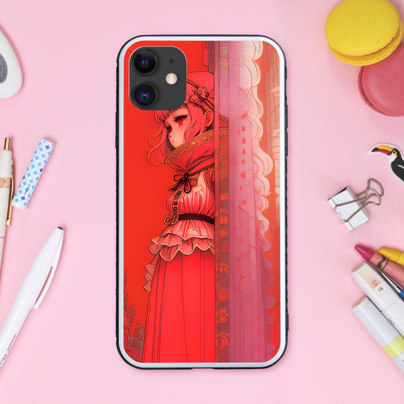 Dreamy and cute coral pink fairytale anime-style girl smartphone case [tempered glass finish] iPhone 16 compatible - Phone Cases - Plastic Multicolor