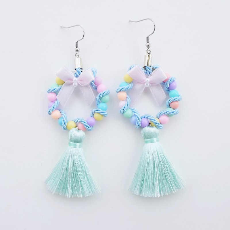 Light mint circular earrings with tassel and pink bow - Earrings & Clip-ons - Other Materials Green