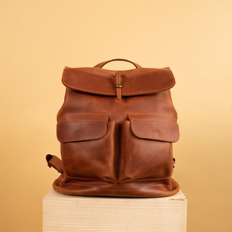 Handcrafted leather BACKPACK in cognac brown Color with lining / Citi Rucksack - Backpacks - Genuine Leather Brown