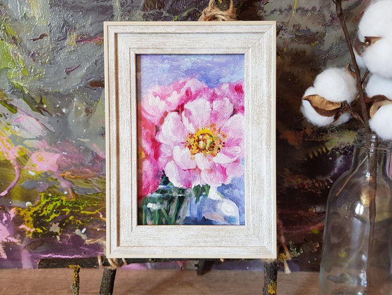Small original Peony flower artwork hand painted oil painting framed - 壁貼/牆壁裝飾 - 其他材質 