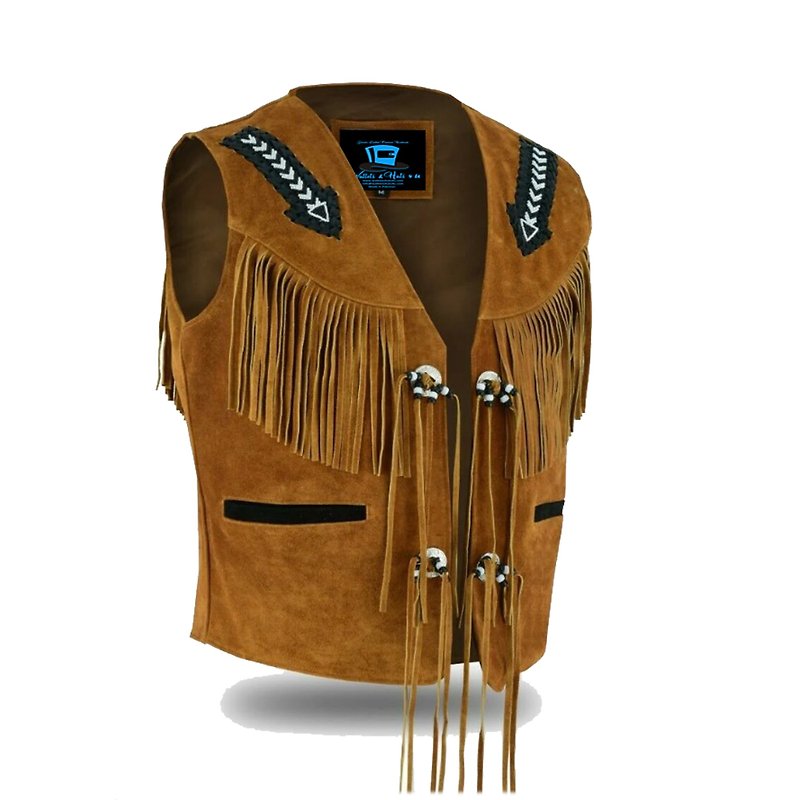 Native American Western Cowboy Suede Leather Fringe Waistcoat - เสื้อกั๊กผู้ชาย - หนังแท้ สีนำ้ตาล