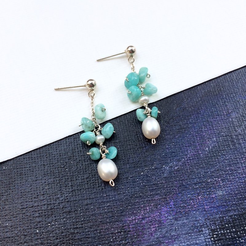 925 silver-pearl & amazonite earrings,spring - Earrings & Clip-ons - Gemstone Blue