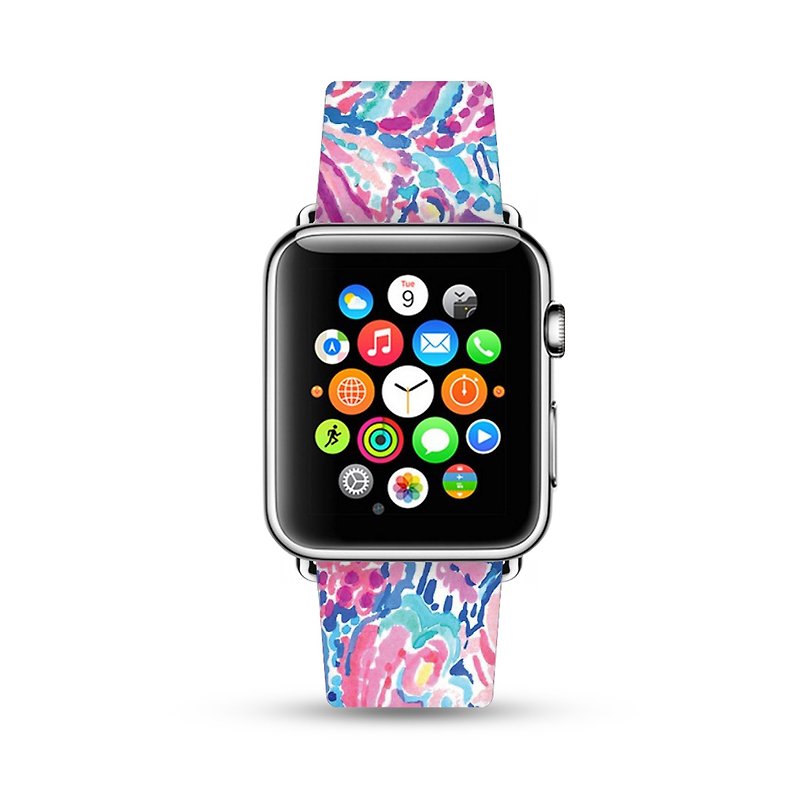 抽象紮染畫花 粉紅 Apple Watch 真皮手錶帶,適用於所有型號 -053 - 錶帶 - 真皮 粉紅色