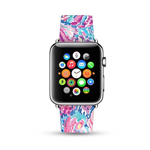 Freshion 抽象紮染畫花 粉紅 Apple Watch 真皮手錶帶,適用於所有型號 -053