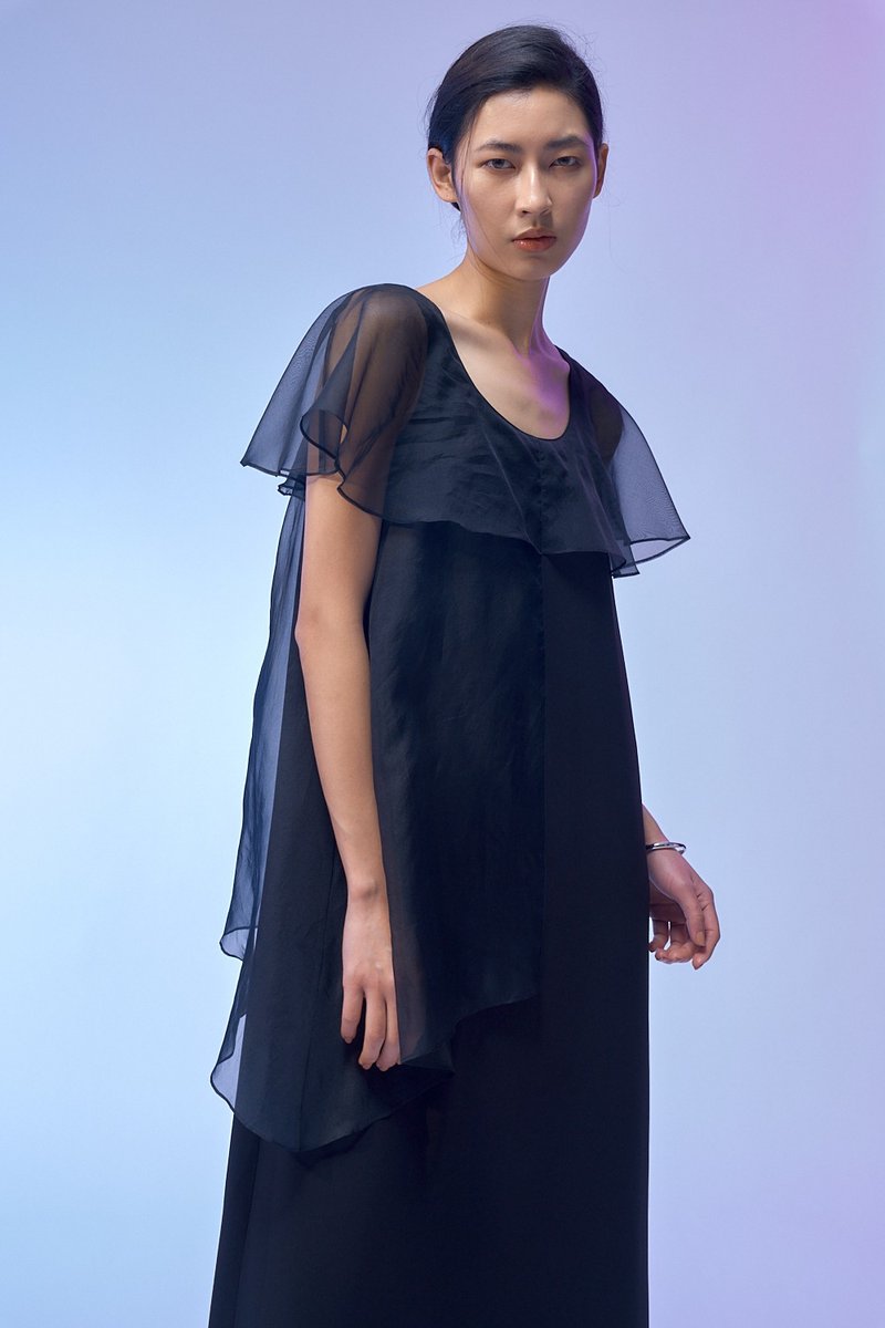 黑烏干紗荷葉袖長洋裝 - 洋裝/連身裙 - 其他人造纖維 黑色