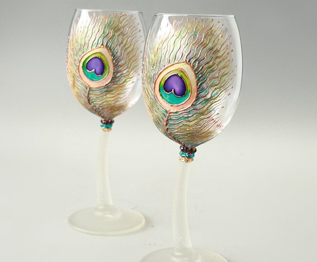 Wine Glasses Peacock Feather Hand-painted set of 2 - Shop NeA Glass Bar  Glasses & Drinkware - Pinkoi