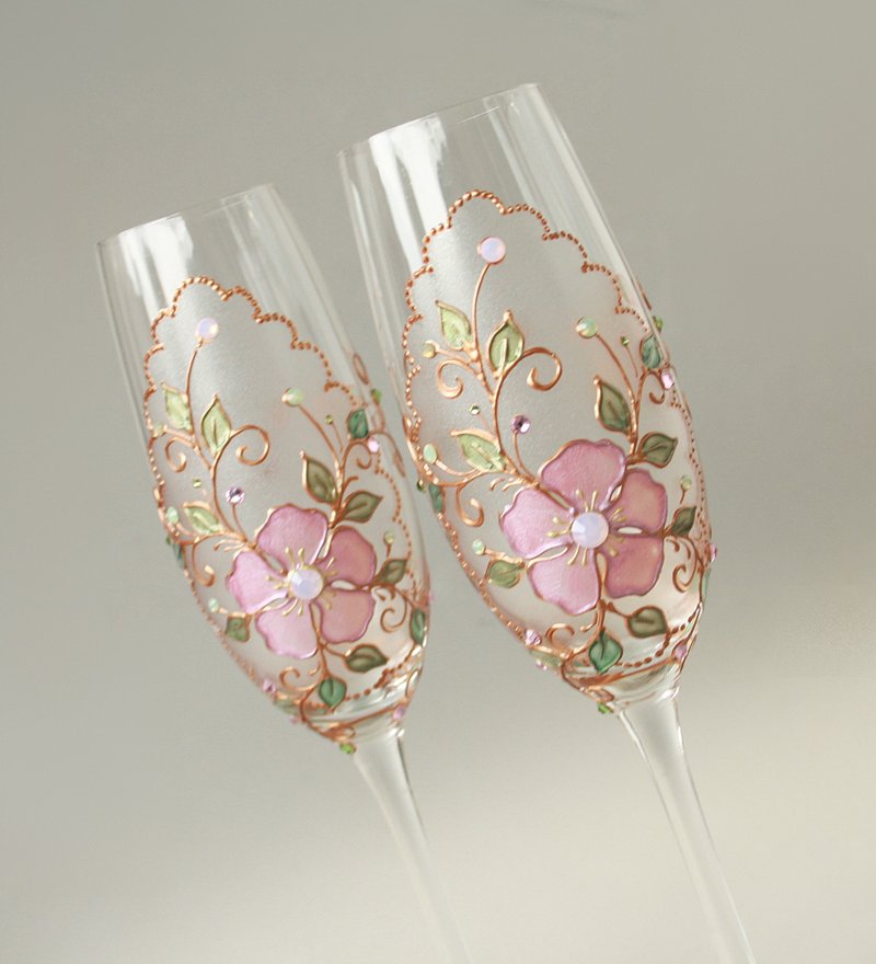 Rose Gold Wedding Glasses Champagne, Pink and Green, Swarovski Crystals set of 2 - 酒杯/酒器 - 玻璃 粉紅色