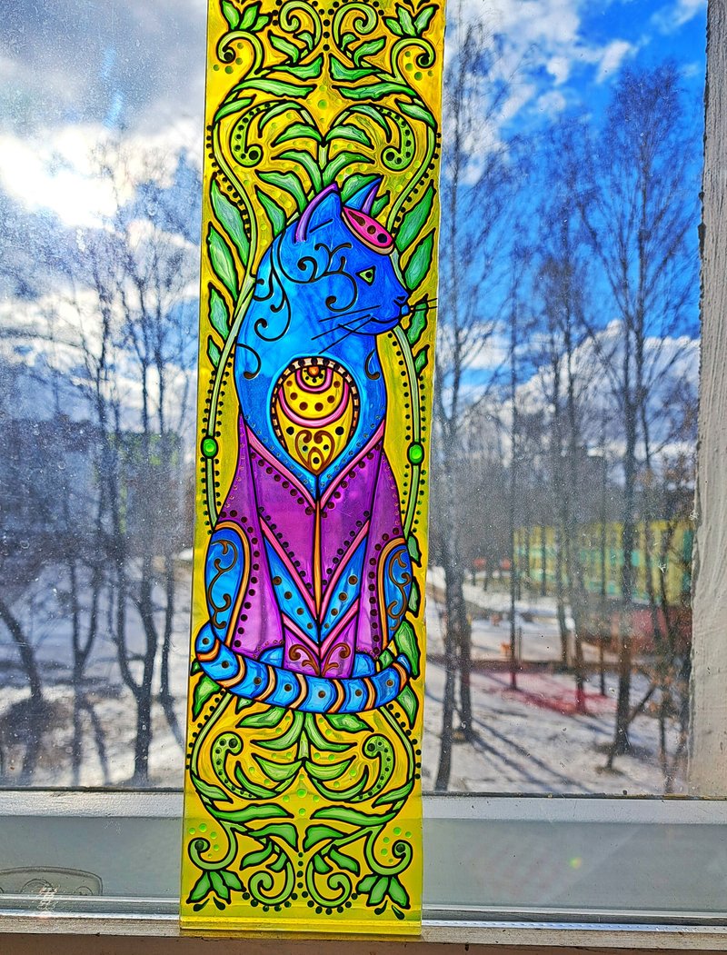 Suncatcher彩色玻璃猫画窗挂五颜六色的装饰手绘 - 壁貼/牆壁裝飾 - 塑膠 黃色