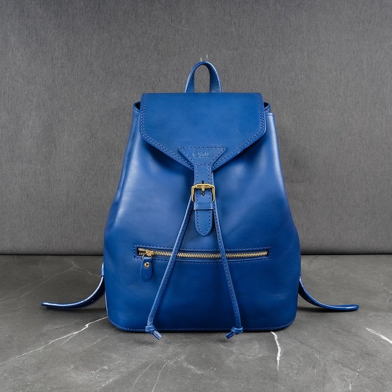 Italian Vegetable Tanned Leather Drawstring Zipper Backpack (Sky Blue) - กระเป๋าหูรูด - หนังแท้ สีน้ำเงิน