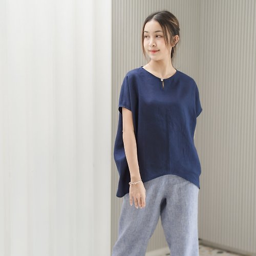 Candith Natural Linen Top Minimal Top Keyhole Neckline with a pearl button - Navy