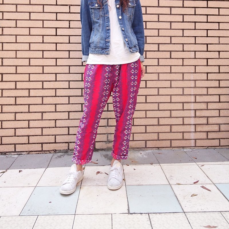 2019春 女裝褲 red/floral stripes - 女長褲 - 棉．麻 紅色