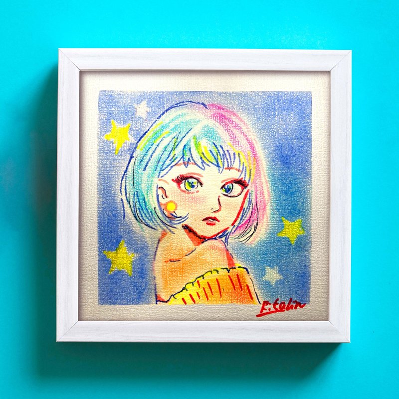手繪粉彩畫藝術 | 18cm 附框 | Lady in the Star World - 海報/掛畫/掛布 - 紙 藍色