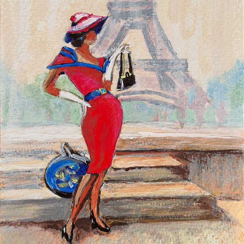 Postcard Eiffel Tower Painting Paris Cityscape Original Art France Figurative - โปสเตอร์ - วัสดุอื่นๆ สีแดง