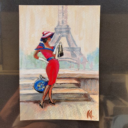 ポストカード エッフェル塔絵画 パリの街並み オリジナルアート