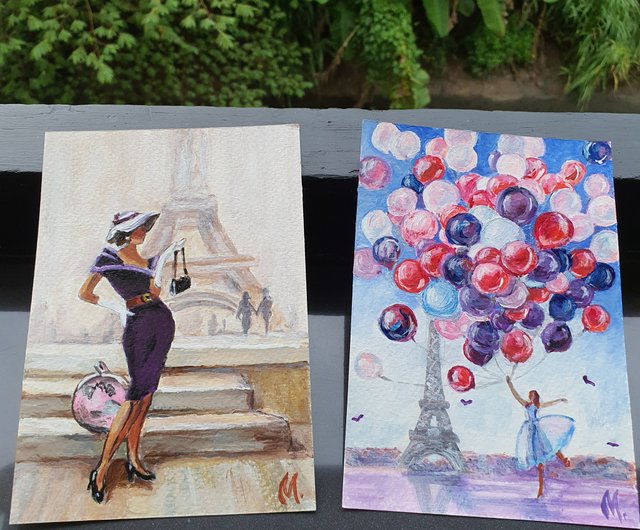 ポストカード エッフェル塔絵画 パリの街並み オリジナルアート