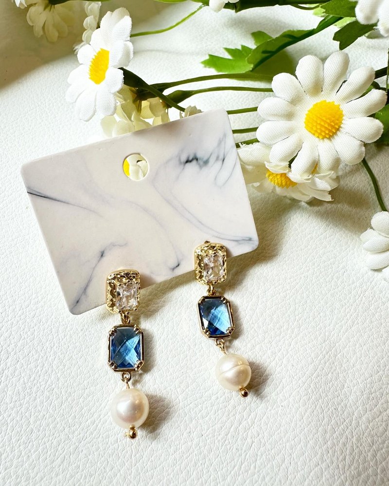 Rectangular Navy Stone Pearl Earrings - Free Modification Clip-on Earrings - Three Colors - Earrings & Clip-ons - Crystal Blue