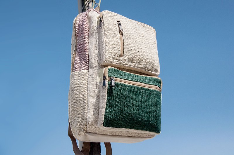 After stitching design cotton Linen backpack shoulder bag mountaineering backpack ethnic handmade computer bag - forest green travel - Backpacks - Cotton & Hemp Multicolor