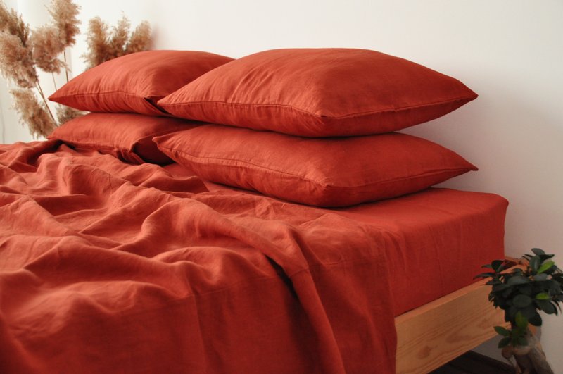 Terracotta linen flat sheet/Linen bedsheet/Softened stonewashed linen sheet - เครื่องนอน - ลินิน สีส้ม