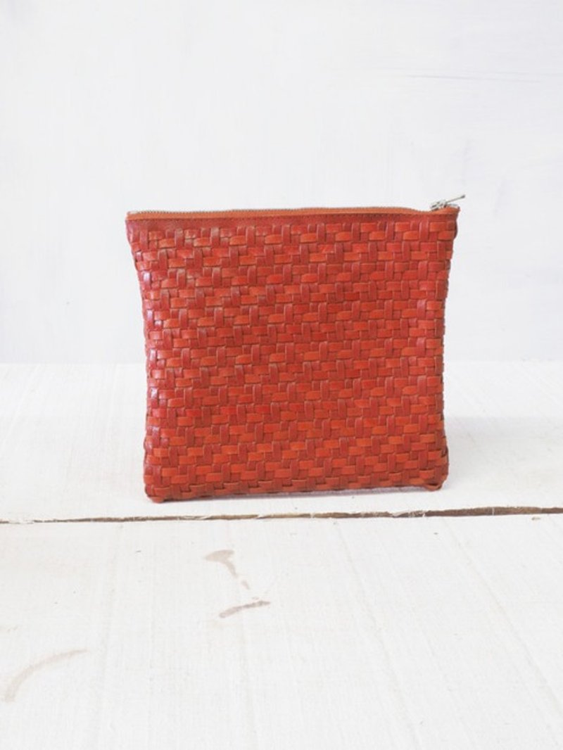 Square Pouch A (Orange) 200*175/Genuine Leather (Goat)/Mesh/Braided/Excella Zipper (Silver) - กระเป๋าเครื่องสำอาง - หนังแท้ 