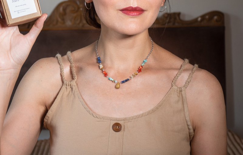 Raw gemstones choker, 925 silver, raw jasper, turquoise, sodalite, coral - 項鍊 - 寶石 多色