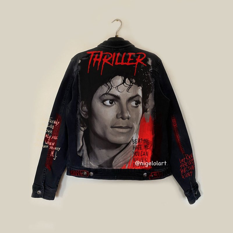 Painted Denim Jacket Handmade Custom jacket Michael Jackson, Thriller Gift - 女大衣/外套 - 棉．麻 多色